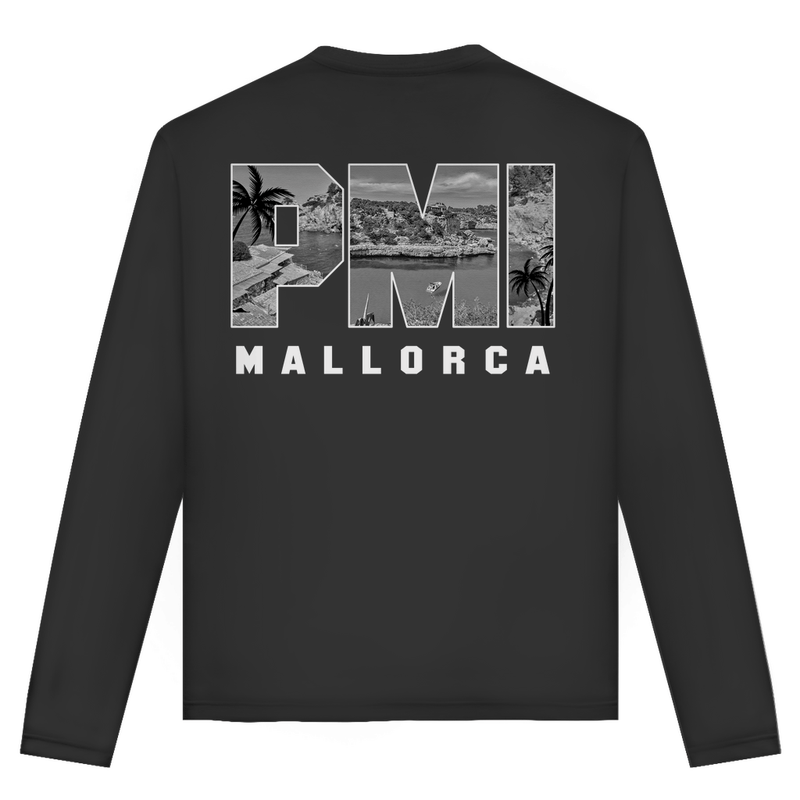 Unisex Langarmshirt mit PMI Airport Code Mallorca. Farbe Black. Fernweh zum Anziehen von travelPrint4U.de