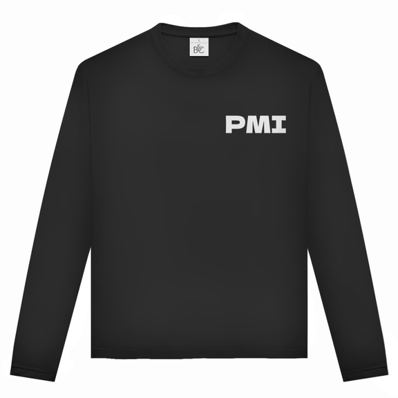 Unisex Langarmshirt mit PMI Airport Code Mallorca. Farbe Black. Fernweh zum Anziehen von travelPrint4U.de