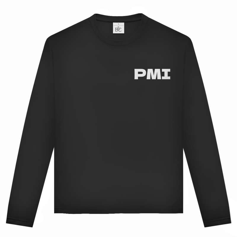 Unisex Langarmshirt mit PMI Airport Code Mallorca. Farbe Black. Fernweh zum Anziehen von travelPrint4U.de