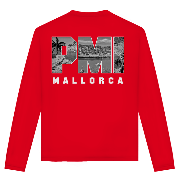 Unisex Langarmshirt mit PMI Airport Code Mallorca. Farbe Red. Fernweh zum Anziehen von travelPrint4U.de
