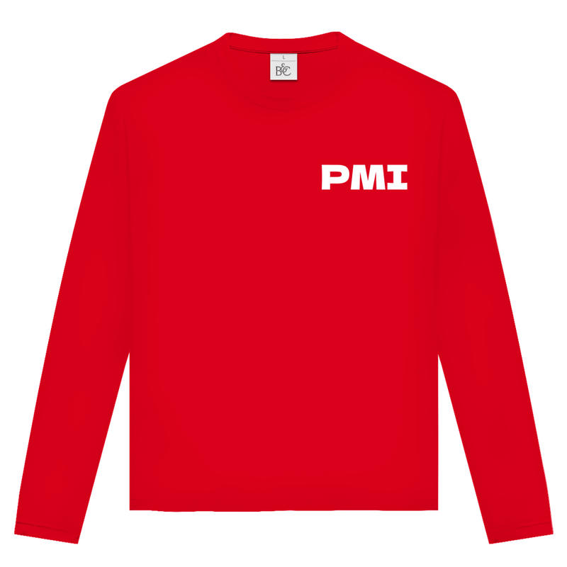 Unisex Langarmshirt mit PMI Airport Code Mallorca. Farbe Red. Fernweh zum Anziehen von travelPrint4U.de