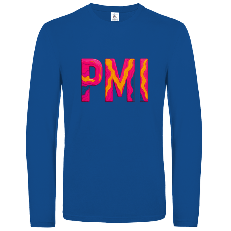 Longsleeve mit buntem PMI Print für Airport-Code MALLORCA. Stoff-Farbe: Royal Blue. Fernweh zum Anziehen? travelPrint4U.de