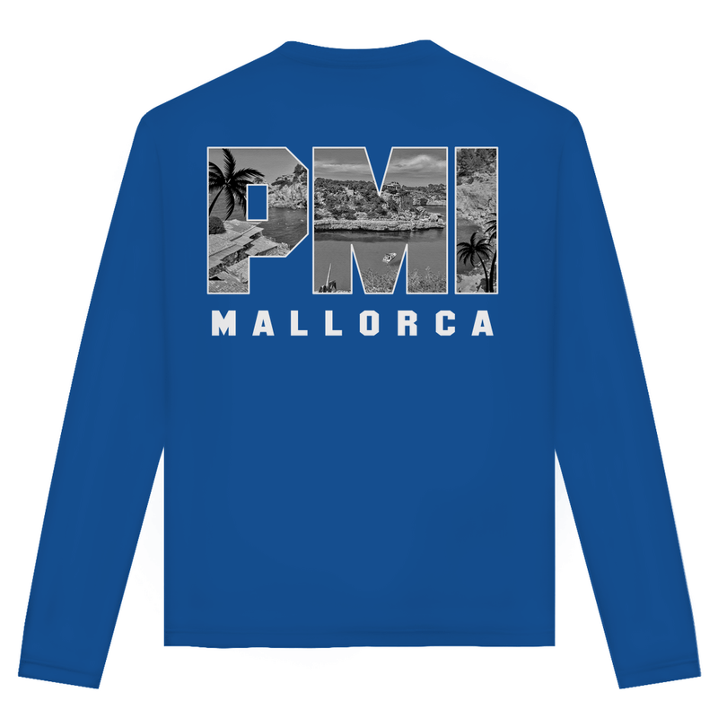 Unisex Langarmshirt mit PMI Airport Code Mallorca. Farbe Royal. Fernweh zum Anziehen von travelPrint4U.de