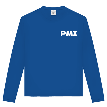 Unisex Langarmshirt mit PMI Airport Code Mallorca. Farbe Royal. Fernweh zum Anziehen von travelPrint4U.de