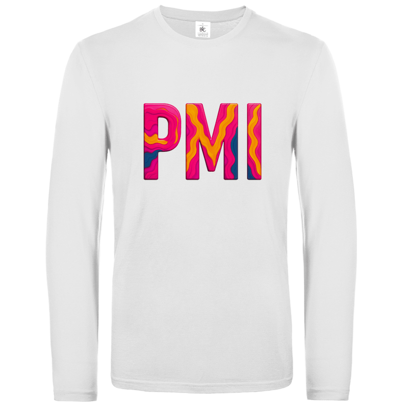 Longsleeve mit buntem PMI Print für Airport-Code MALLORCA. Stoff-Farbe: White. Fernweh zum Anziehen? travelPrint4U.de