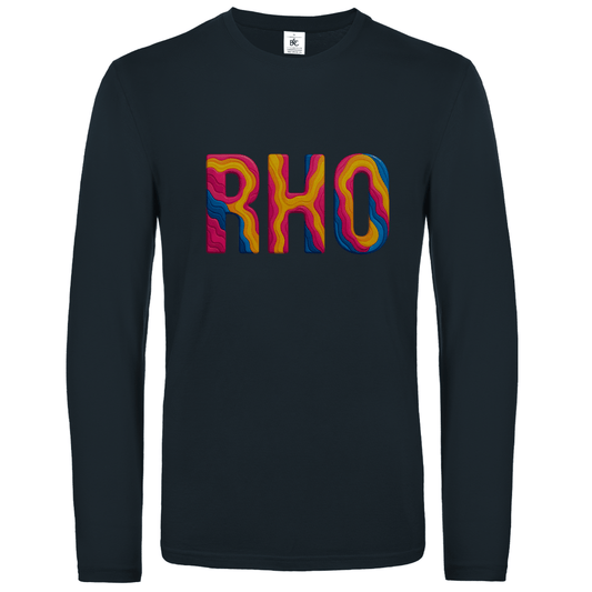 Longsleeve mit buntem RHO Print für Airport-Code RHODOS. Stoff-Farbe: Dark Grey. Fernweh zum Anziehen? travelPrint4U.de