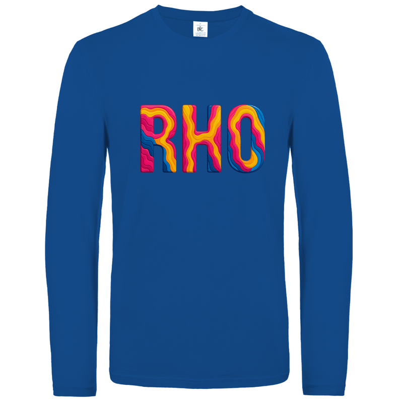 Longsleeve mit buntem RHO Print für Airport-Code RHODOS. Stoff-Farbe: Royal Blue. Fernweh zum Anziehen? travelPrint4U.de
