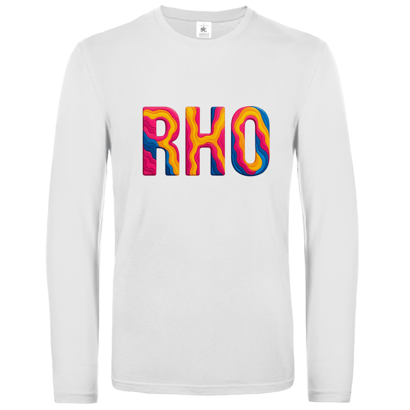 Longsleeve mit buntem RHO Print für Airport-Code RHODOS. Stoff-Farbe: White. Fernweh zum Anziehen? travelPrint4U.de