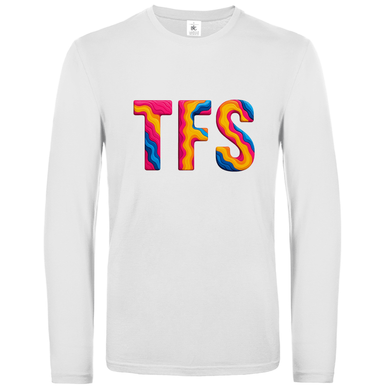 Longsleeve mit buntem TFS Print für Airport-Code TENERIFFA-SÜD. Stoff-Farbe: White. Fernweh zum Anziehen? travelPrint4U