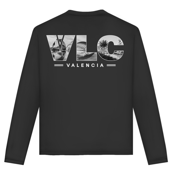 Unisex Langarmshirt mit VLC Airport Code Valencia. Farbe Black. Fernweh zum Anziehen von travelPrint4U.de