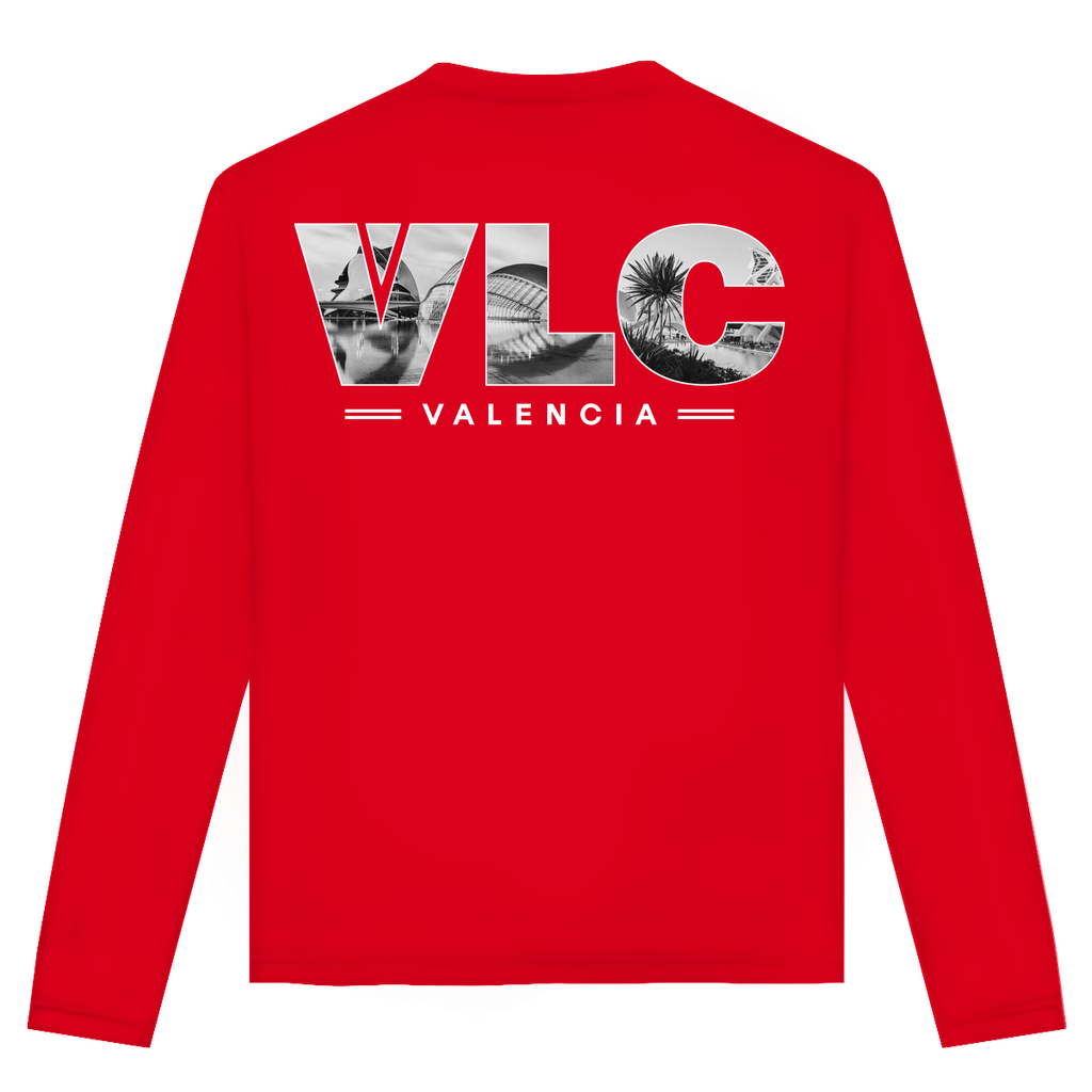 Unisex Langarmshirt mit VLC Airport Code Valencia. Farbe Rot. Fernweh zum Anziehen von travelPrint4U.de