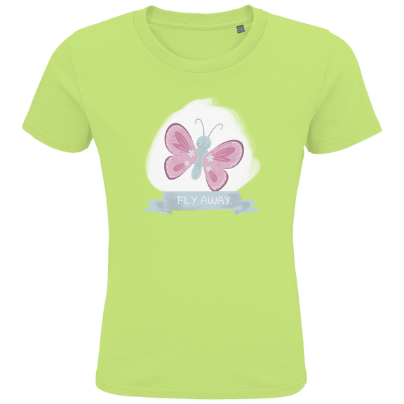 Hellgrünes T-Shirt mit rosa und hellgrauem Schmetterling darunter in einer Schleife der Print FLY AWAY.
