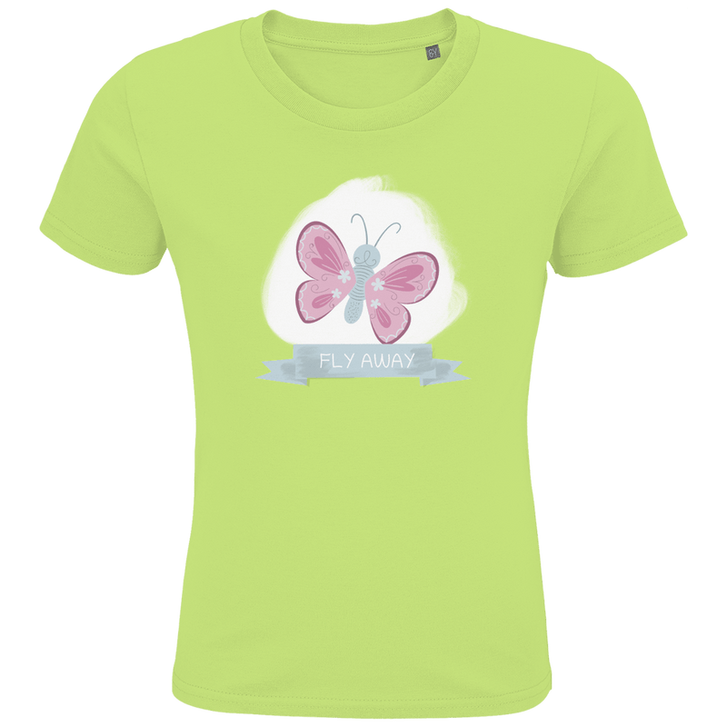 Hellgrünes T-Shirt mit rosa und hellgrauem Schmetterling darunter in einer Schleife der Print FLY AWAY.
