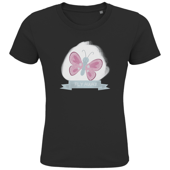 Schwarzes T-Shirt mit rosa und hellgrauem Schmetterling darunter in einer Schleife der Print FLY AWAY.