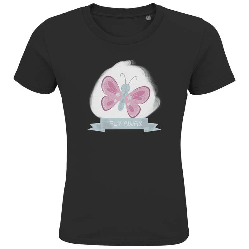 Schwarzes T-Shirt mit rosa und hellgrauem Schmetterling darunter in einer Schleife der Print FLY AWAY.