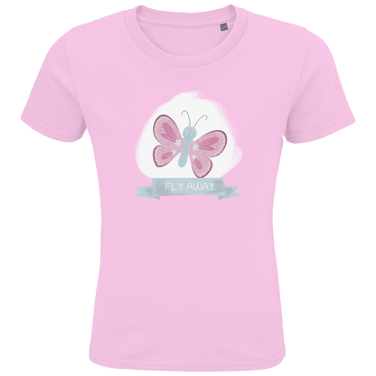 Hellrosa T-Shirt mit rosa und hellgrauem Schmetterling darunter in einer Schleife der Print FLY AWAY.