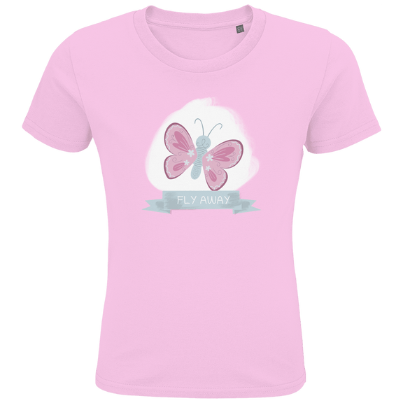 Hellrosa T-Shirt mit rosa und hellgrauem Schmetterling darunter in einer Schleife der Print FLY AWAY.