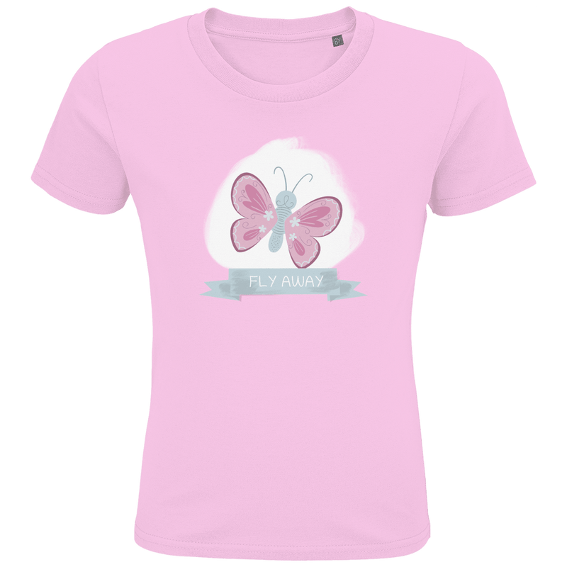 Hellrosa T-Shirt mit rosa und hellgrauem Schmetterling darunter in einer Schleife der Print FLY AWAY.