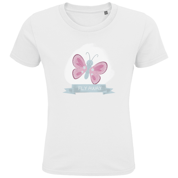 Weisses T-Shirt mit rosa und hellgrauem Schmetterling darunter in einer Schleife der Print FLY AWAY.