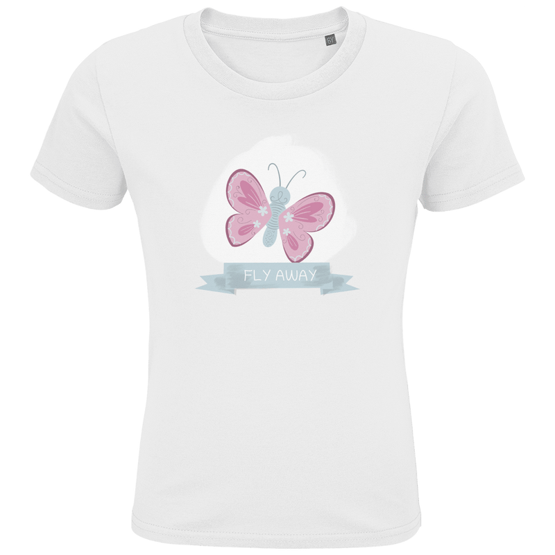 Weisses T-Shirt mit rosa und hellgrauem Schmetterling darunter in einer Schleife der Print FLY AWAY.