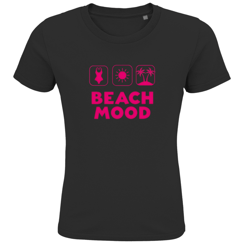 Mädchen TShirts mit BEACH MOOD Print in Pink. Stoff-Farbe: Black. Fernweh zum Anziehen? travelPrint4U.de