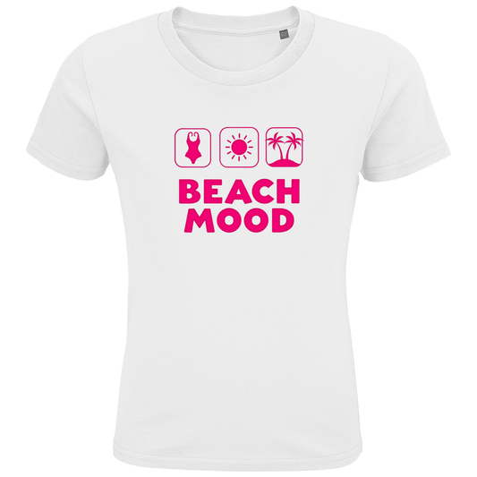 Mädchen TShirts mit BEACH MOOD Print in Pink. Stoff-Farbe: White. Fernweh zum Anziehen? travelPrint4U.de