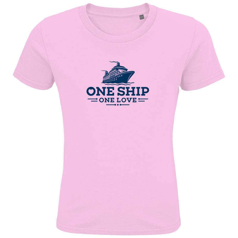 Mädchen TShirts mit blauem ONE SHIP ONE LOVE Aufdruck. Stoff-Farbe: Pale Pink. Fernweh zum Anziehen? travelPrint4U.de