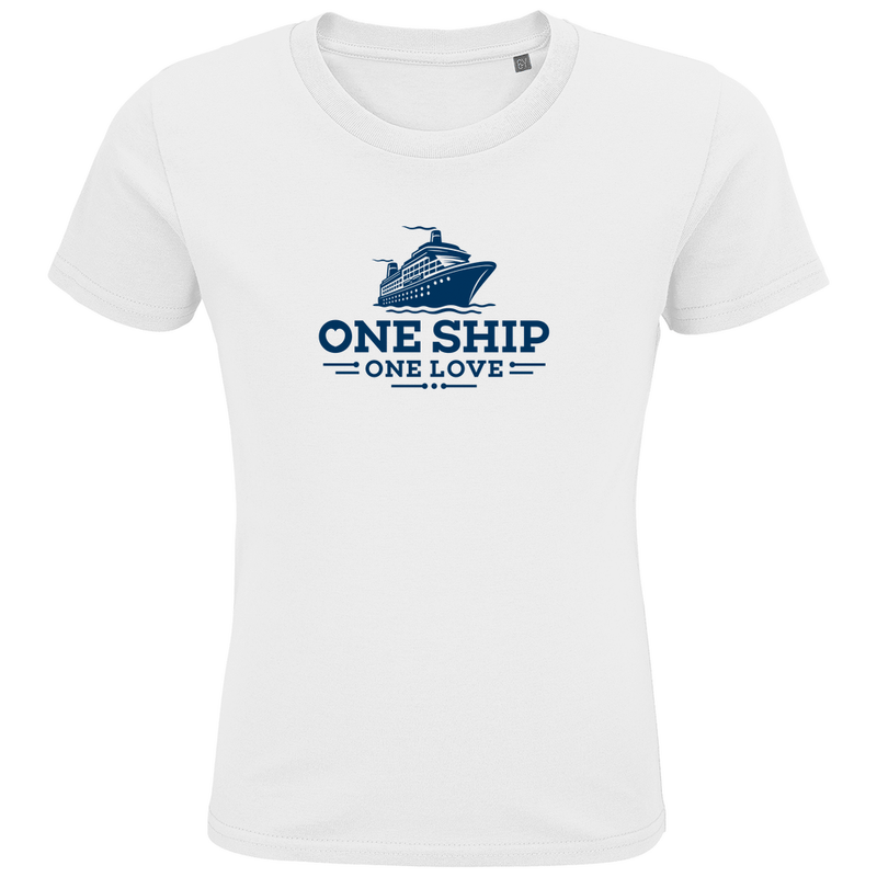 Mädchen TShirts mit blauem ONE SHIP ONE LOVE Aufdruck. Stoff-Farbe: White. Fernweh zum Anziehen? travelPrint4U.de