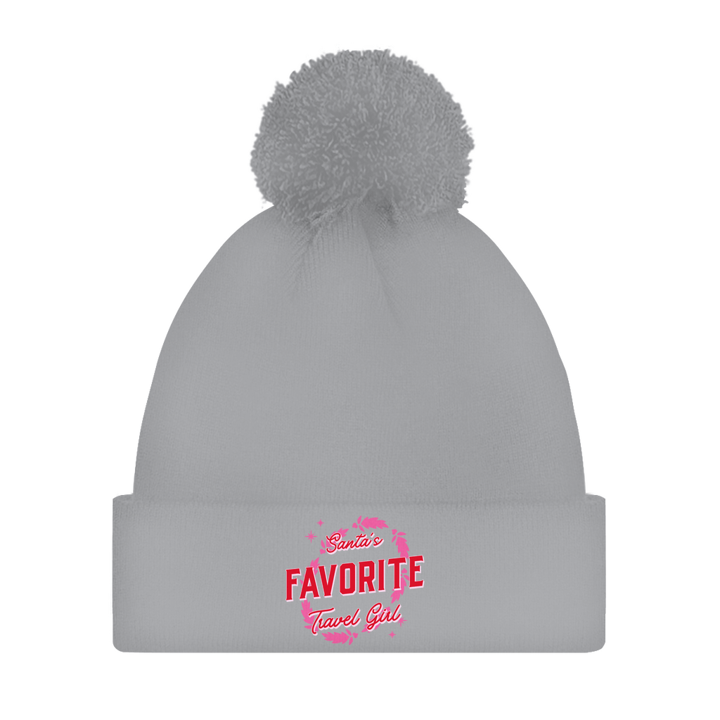 Damen Pudel­mütze in Grau mit Print Santa’s Favorite Travel Girl. Weihnachts Accessoire & Reise Design von travelPrint4U
