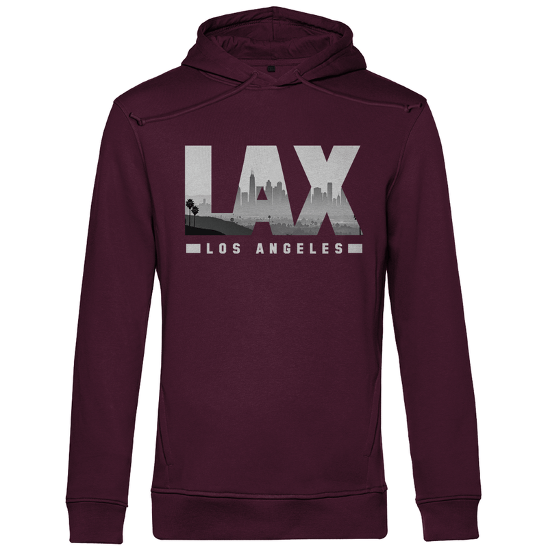Pullover für Herren mit LAX Airport Code Los Angeles. Farbe Burgund. Fernweh zum Anziehen von travelPrint4U.de