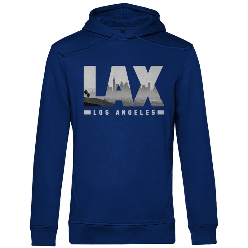 Pullover für Herren mit LAX Airport Code Los Angeles. Farbe Royal Blue. Fernweh zum Anziehen von travelPrint4U.de