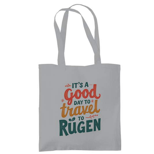 Stoffbeutel mit buntem Print: A GOOD DAY TO TRAVEL TO RÜGEN. Stoff-Farbe: Light Grey. Fernweh zum Anfassen? travelPrint4U.de