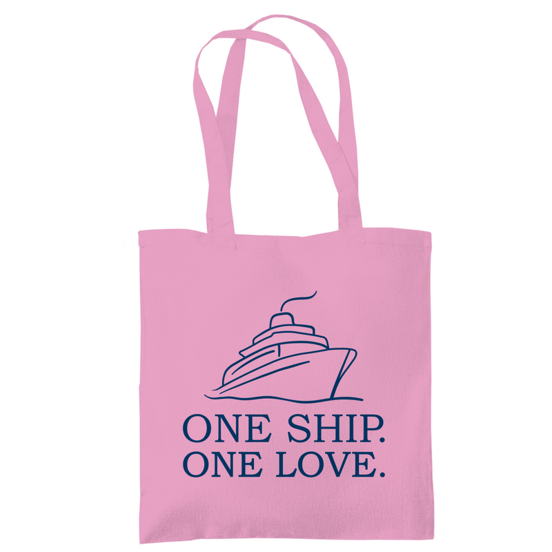 Stoffbeutel mit ONE SHIP ONE LOVE Print. Zweiseitiges Design. Stoff-Farbe: Classic Pink. Fernweh zum Anfassen? travelPrint4U