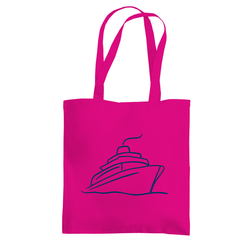 Stoffbeutel mit ONE SHIP ONE LOVE Print. Zweiseitiges Design. Stoff-Farbe: Fuchsia. Fernweh zum Anfassen? travelPrint4U.de