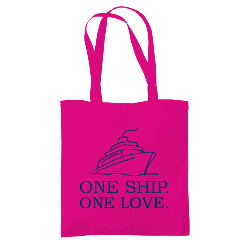 Stoffbeutel mit ONE SHIP ONE LOVE Print. Zweiseitiges Design. Stoff-Farbe: Fuchsia. Fernweh zum Anfassen? travelPrint4U.de