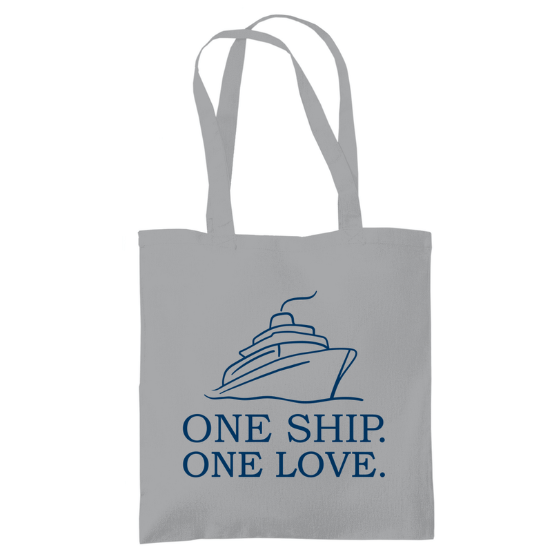 Stoffbeutel mit ONE SHIP ONE LOVE Print. Zweiseitiges Design. Stoff-Farbe: Light Grey. Fernweh zum Anfassen? travelPrint4U.de