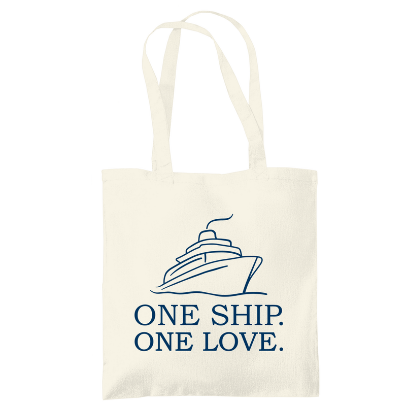 Stoffbeutel mit ONE SHIP ONE LOVE Print. Zweiseitiges Design. Stoff-Farbe: Natural. Fernweh zum Anfassen? travelPrint4U.de