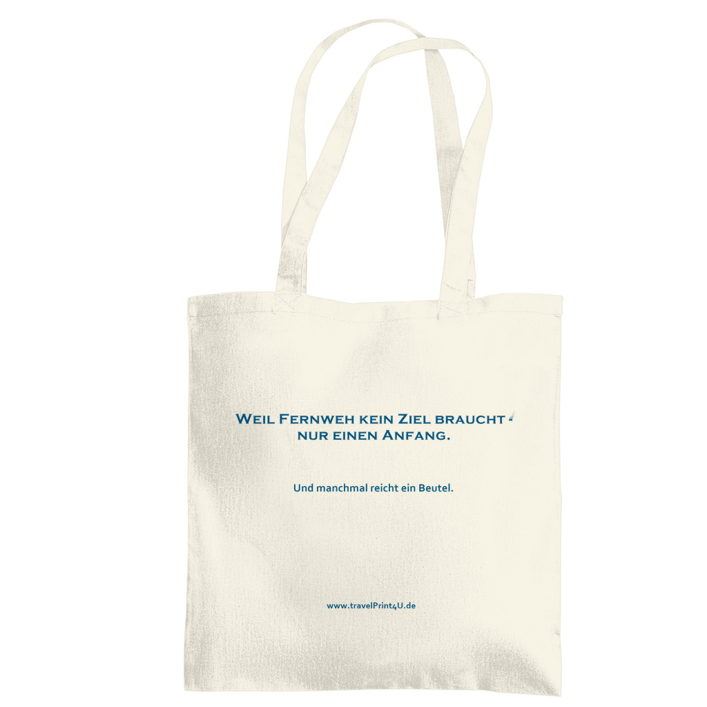 Stoffbeutel als travelPrint4U-Promo Artikel mit Reise-Icons in blau. Stoff: Natural. Fernweh zum Anfassen? travelPrint4U.de
