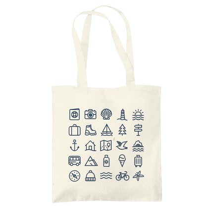 Stoffbeutel als travelPrint4U-Promo Artikel mit Reise-Icons in blau. Stoff: Natural. Fernweh zum Anfassen? travelPrint4U.de