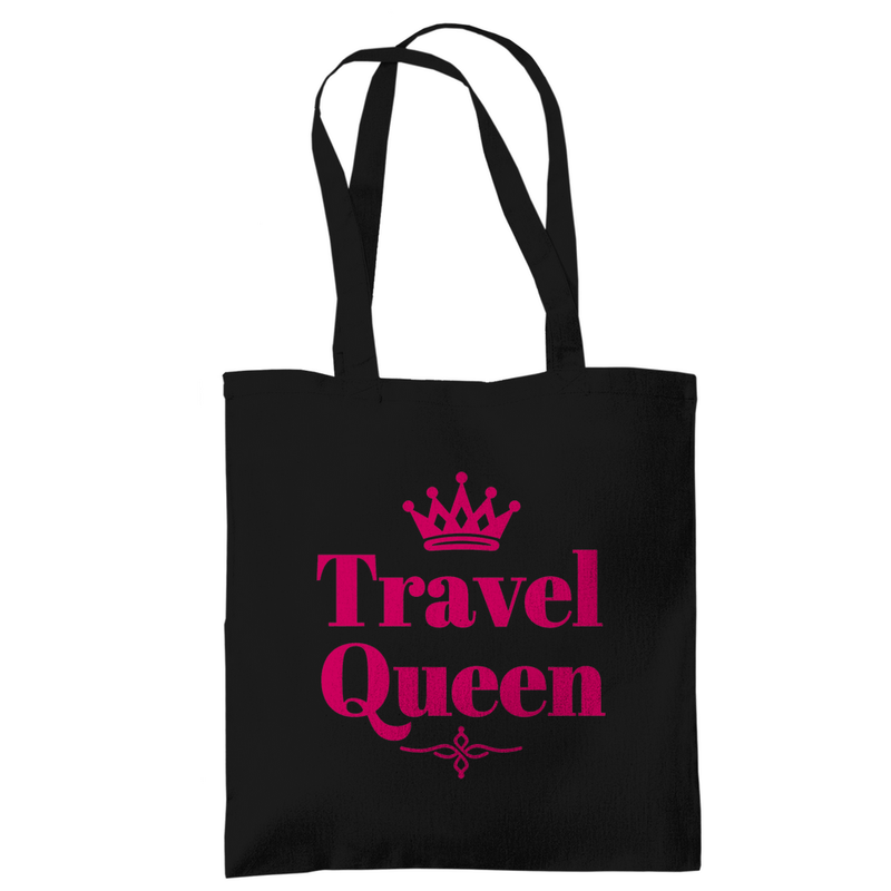 Stoffbeutel mit TRAVEL QUEEN Print in pink. Stoff-Farbe: Black. Fernweh zum Anfassen? travelPrint4U.de