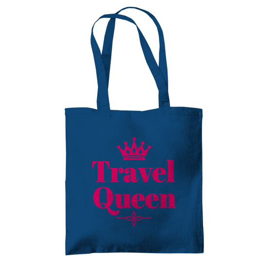 Stoffbeutel mit TRAVEL QUEEN Print in pink. Stoff-Farbe: Petrol. Fernweh zum Anfassen? travelPrint4U.de
