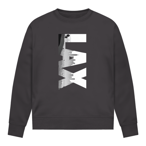 Dunkelgraues Shirt mit drei Buchstaben des Flughafencode. Overlay der Buchstaben ein Bild in schwarz/weiß der Skyline.