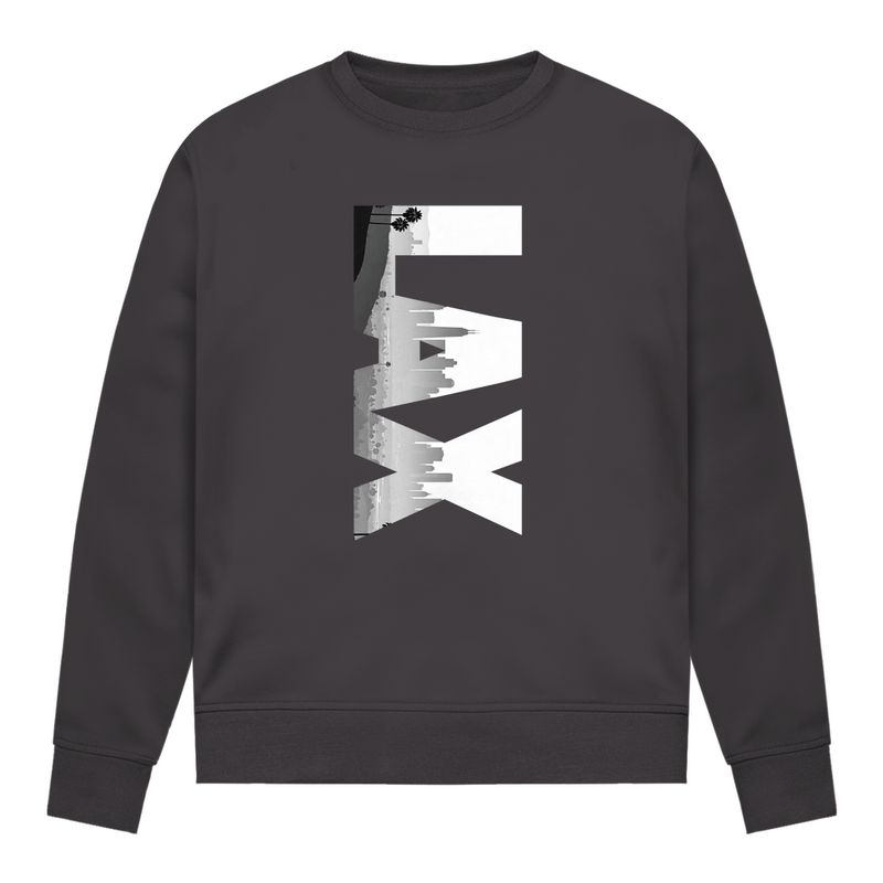 Dunkelgraues Shirt mit drei Buchstaben des Flughafencode. Overlay der Buchstaben ein Bild in schwarz/weiß der Skyline.