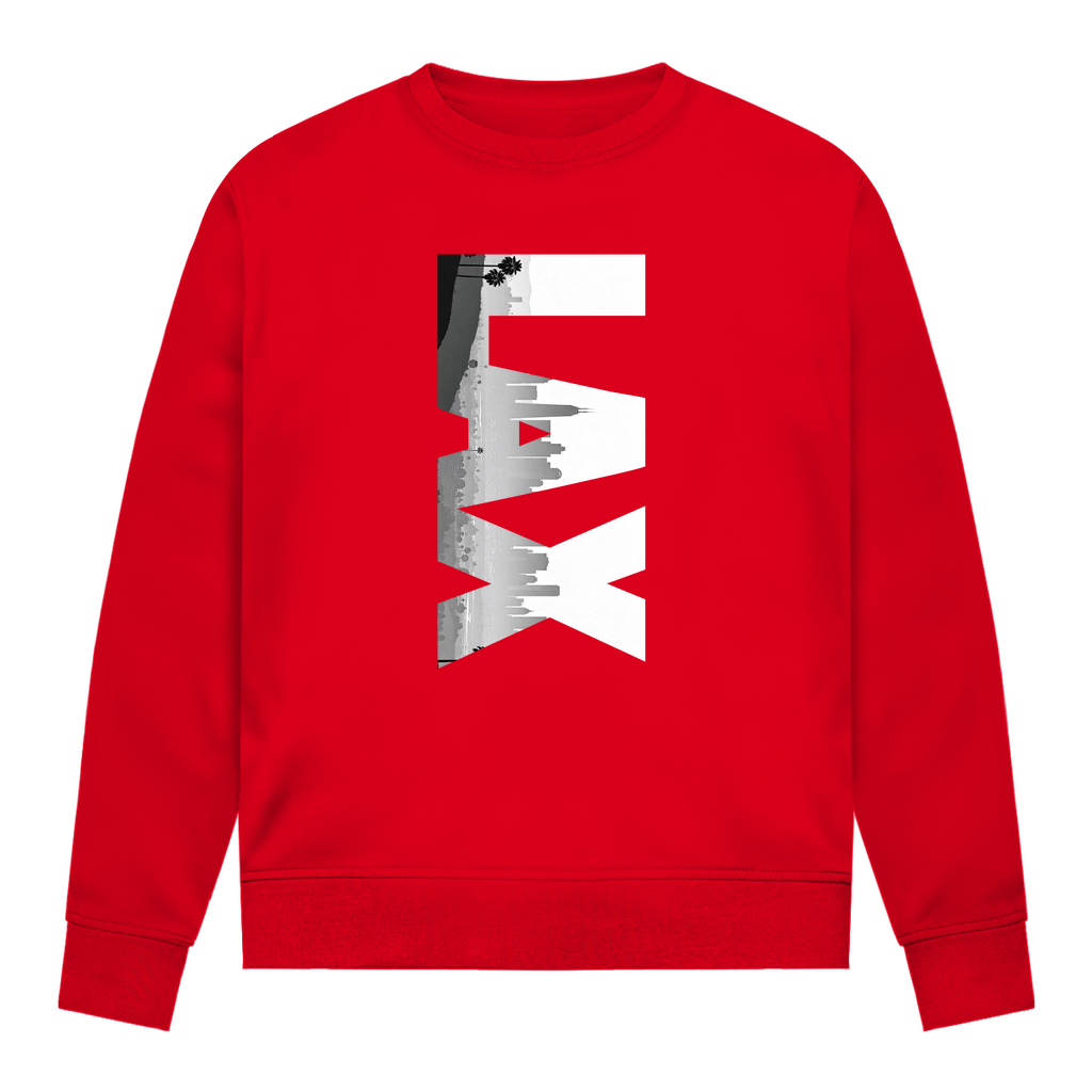 Intensiv rotes Shirt mit drei Buchstaben des Flughafencode. Overlay der Buchstaben ein Bild in schwarz/weiß der Skyline.