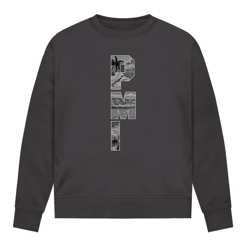 Dunkelgraues Shirt mit drei Buchstaben des Flughafencode. Overlay der Buchstaben ein Bild in schwarz/weiß von der Insel.