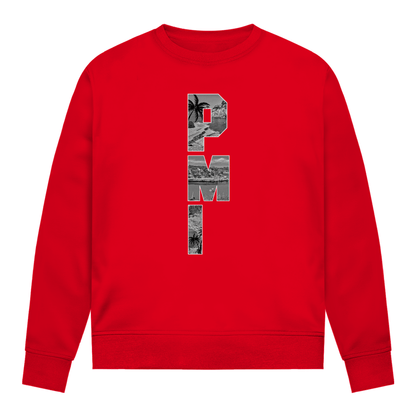 Intensiv rotes Shirt mit drei Buchstaben des Flughafencode. Overlay der Buchstaben ein Bild in schwarz/weiß von der Insel.