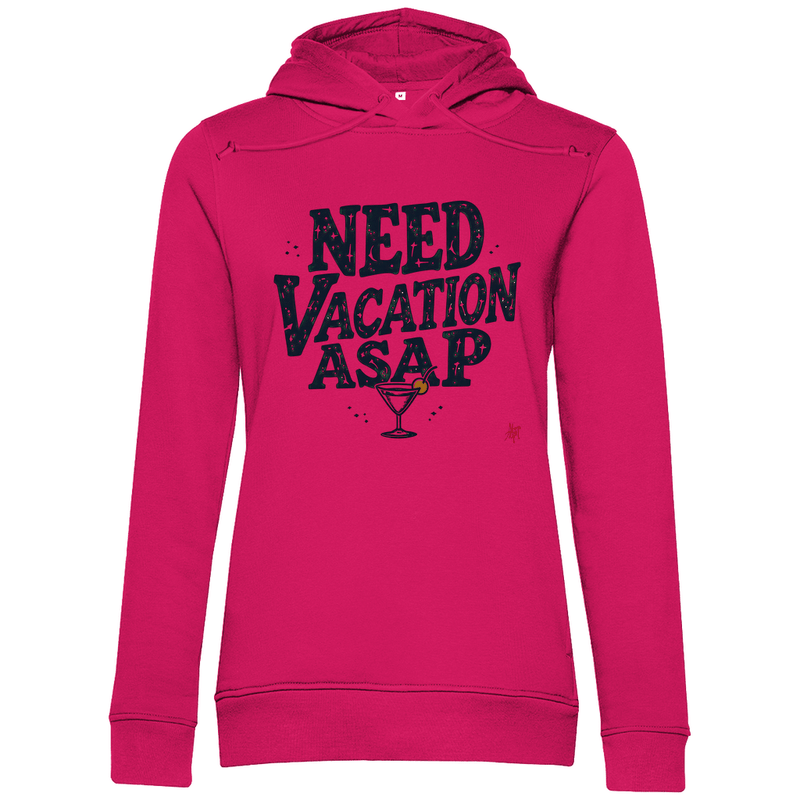 Sweatshirt mit Kapuze für Damen und Print NEED VACATION ASAP. Stoff-Farbe: Magenta Pink. Fernweh zum Anziehen? travelPrint4U