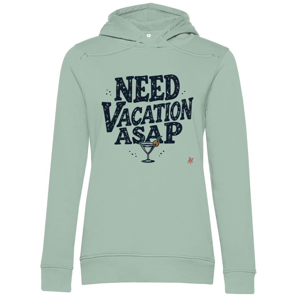 Sweatshirt mit Kapuze für Damen und Print NEED VACATION ASAP. Stoff-Farbe: Sage Green. Fernweh zum Anziehen? travelPrint4U
