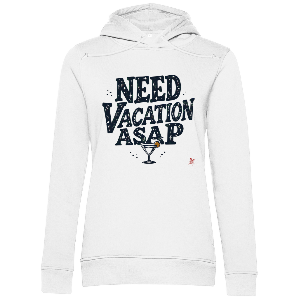 Sweatshirt mit Kapuze für Damen und Print NEED VACATION ASAP. Stoff-Farbe: White. Fernweh zum Anziehen? travelPrint4U