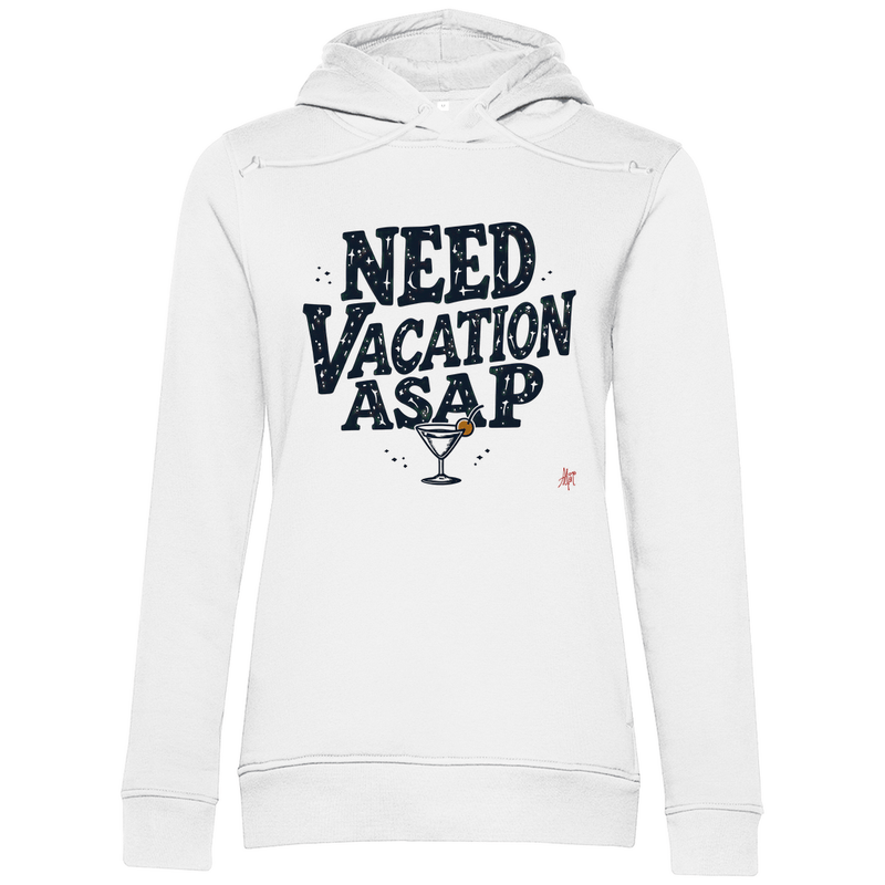 Sweatshirt mit Kapuze für Damen und Print NEED VACATION ASAP. Stoff-Farbe: White. Fernweh zum Anziehen? travelPrint4U